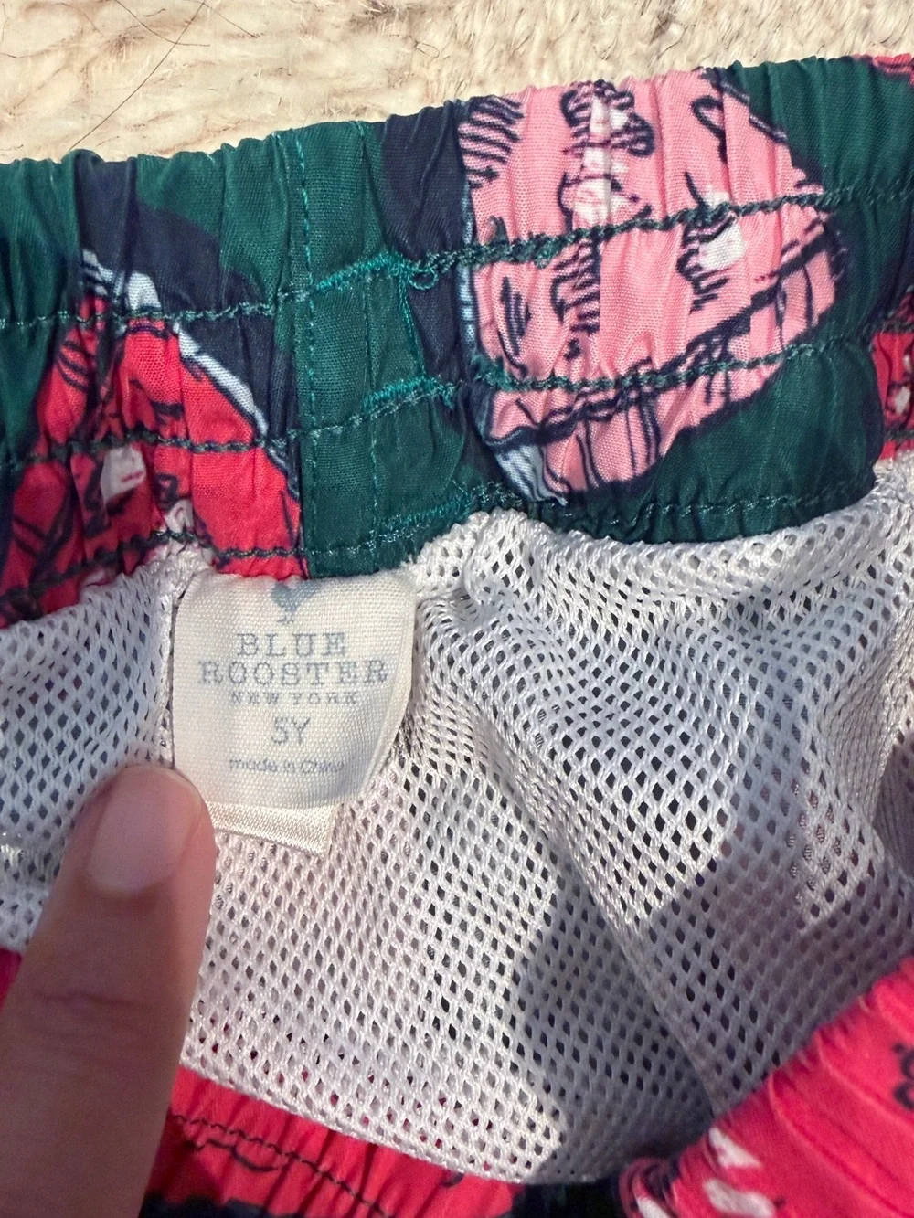 Pink Chicken Green Swim Shorts with Pink & Red Print